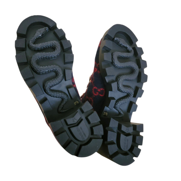 Gucci GG Monogram Navy Red Wool Lace-Up Web Combat Platform Boots 37.5 - Picture 12 of 14